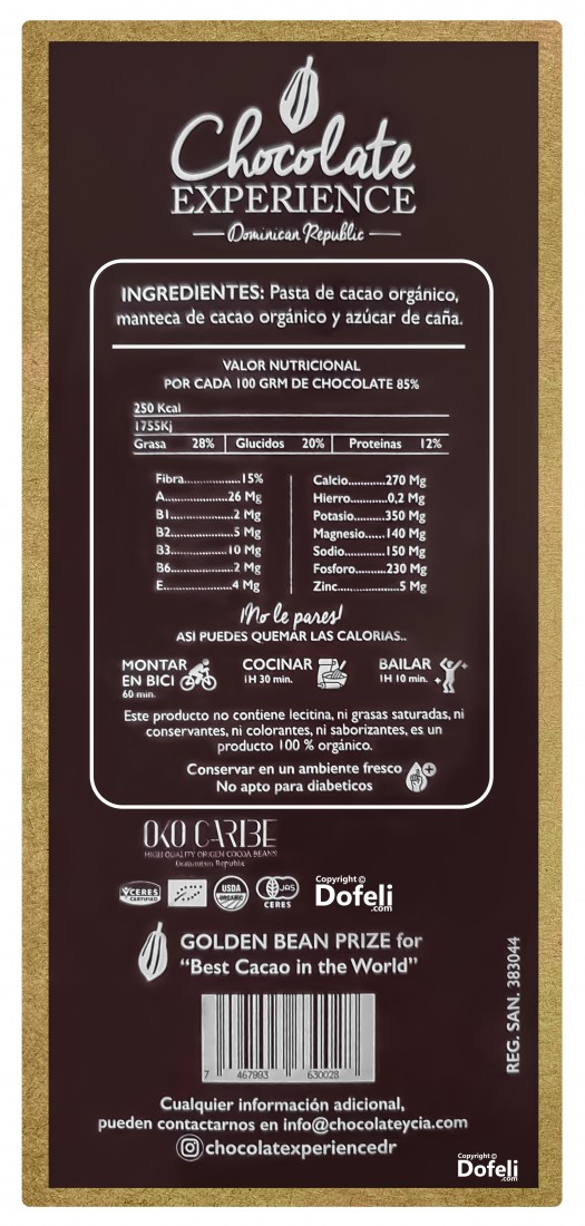 From the Dominican Republic, Chocolate Experience offers an 85% cacao organic bar crafted with pure ingredients and no preservatives.